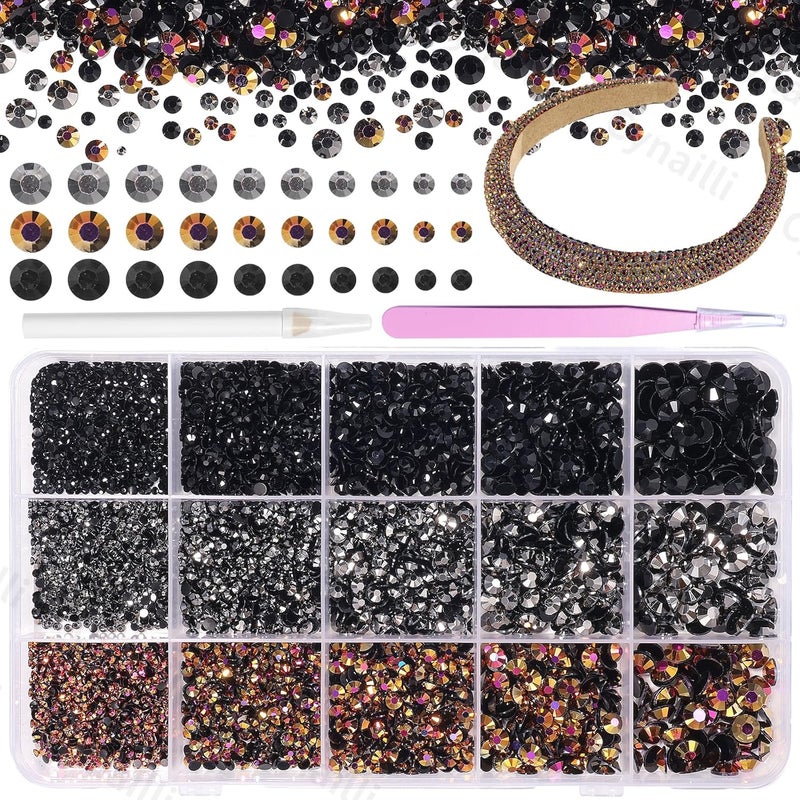Cynailli 15000 Pcs Resin Rhinestones for Crafts, Black Gold Brown Flatback Resin Rhinestones for Bedazzling Gems 2/3/4/5/6mm Flatback Gems Jewels for DIY Mugs Tumblers Bottles Clothing Shoes Nail Art - Image 1